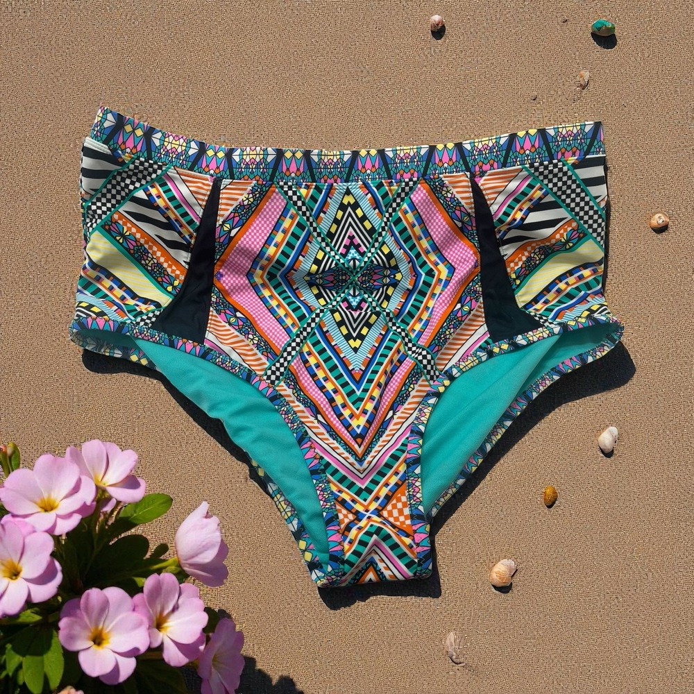 NWT Jessica Simpson Bikini Bottom Womens 1X Black Bright Multicolor High Waisted